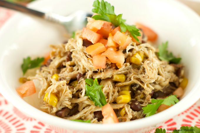 Slow Cooker Chicken And Black Beans - Delicious chicken is slow cooked in beans, corn, salsa verde and spices. Enjoy over rice or as a burrito bowl. Perfect weeknight dinner idea! 