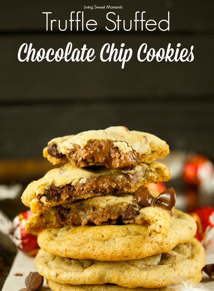 Truffle Stuffed Chocolate Chip Cookies - these chewy chocolate chip cookies are ooey gooey and stuffed with a chocolate truffle. The best cookie recipe! Yum