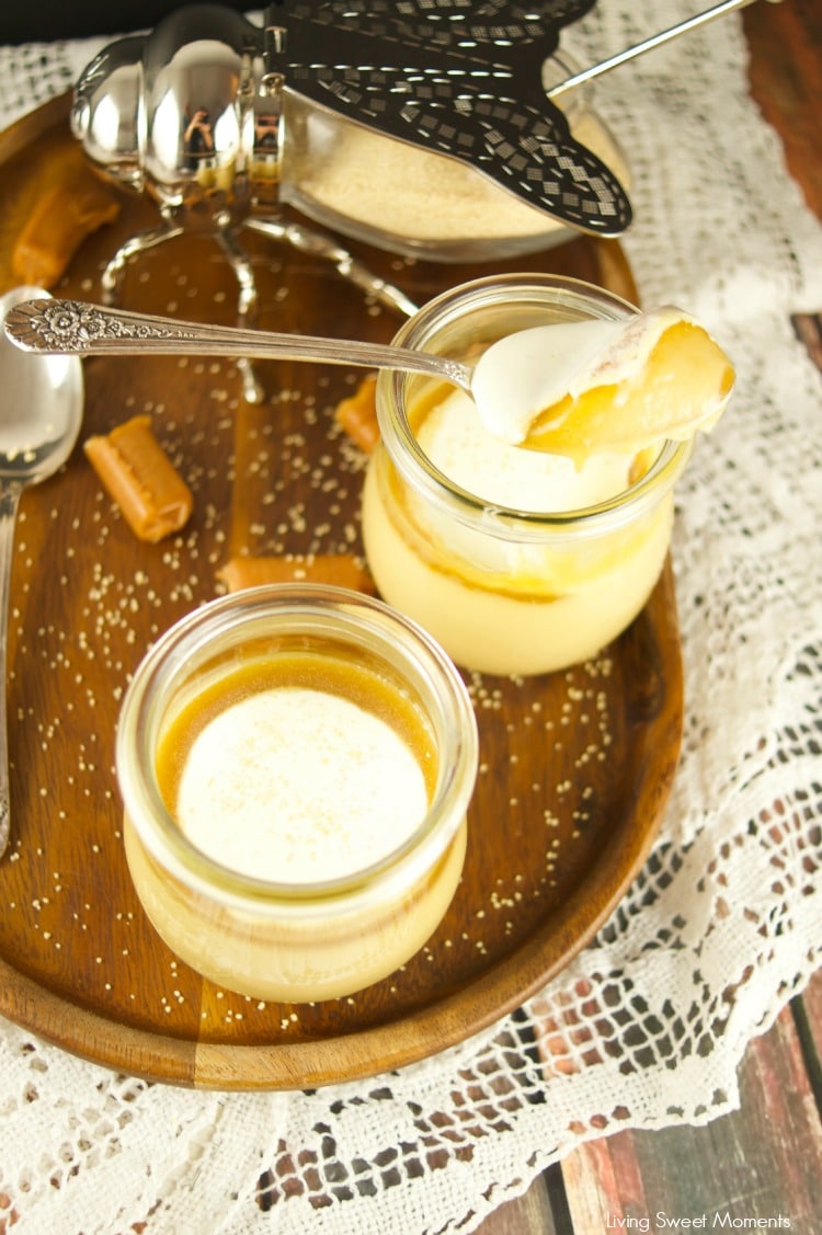 Caramel Pots De Creme With Honey Sauce - The best delicious & smooth caramel custard served with a honey sauce. The perfect dessert for any occasion. Yum!