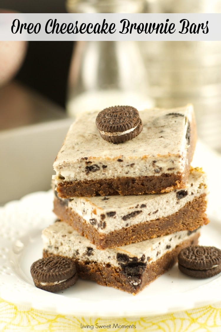 Oreo Cheesecake Brownie Bars - delicious bars with a fudgy brownie bottom topped with a creamy oreo cheesecake. The perfect dessert for any occasion. Yummy!