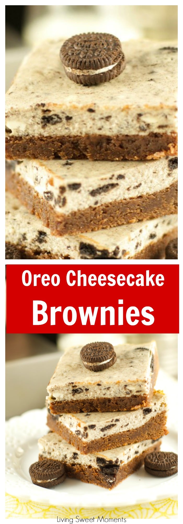 Oreo Cheesecake Brownie Bars - delicious bars with a fudgy brownie bottom topped with a creamy oreo cheesecake. The perfect dessert for any occasion. Yummy!