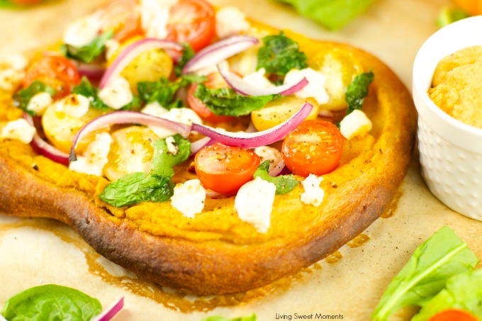 Pumpkin Hummus Pizza With Veggies - delicious and addicting appetizer to make for game day! Yummy crispy pizza with pumpkin hummus goat cheese and veggies.