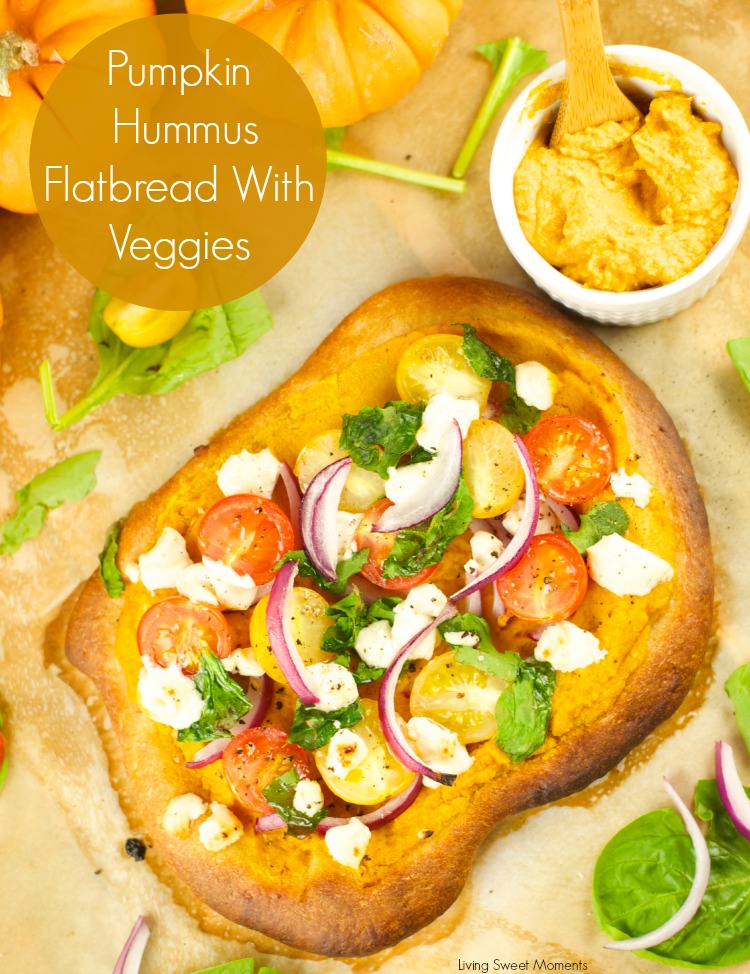 Pumpkin Hummus Pizza With Veggies - delicious and addicting appetizer to make for game day! Yummy crispy pizza with pumpkin hummus goat cheese and veggies. 