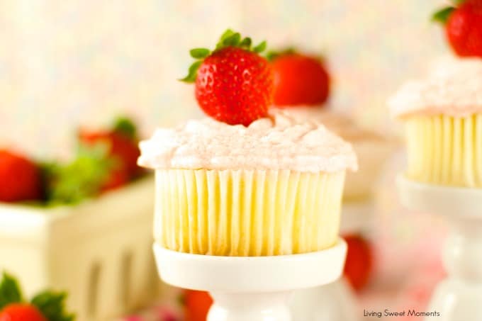 Vanilla Cupcakes with Strawberry Mascaporne Frosting - from scratch moist vanilla cupcakes served with a delicious strawberry mascarpone frosting. Love it!