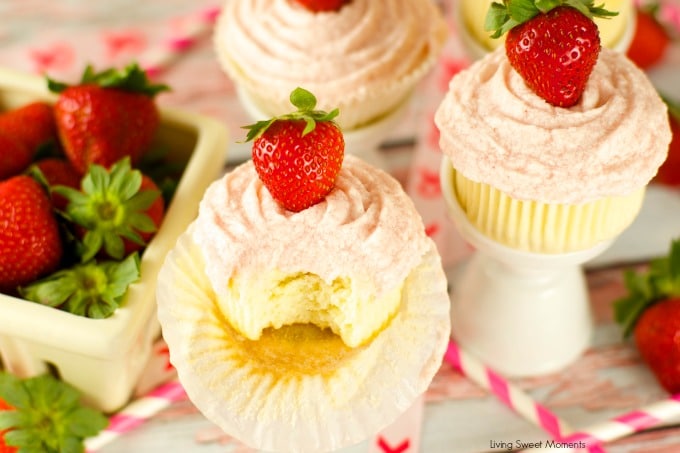 Vanilla Cupcakes with Strawberry Mascaporne Frosting - from scratch moist vanilla cupcakes served with a delicious strawberry mascarpone frosting. Love it!