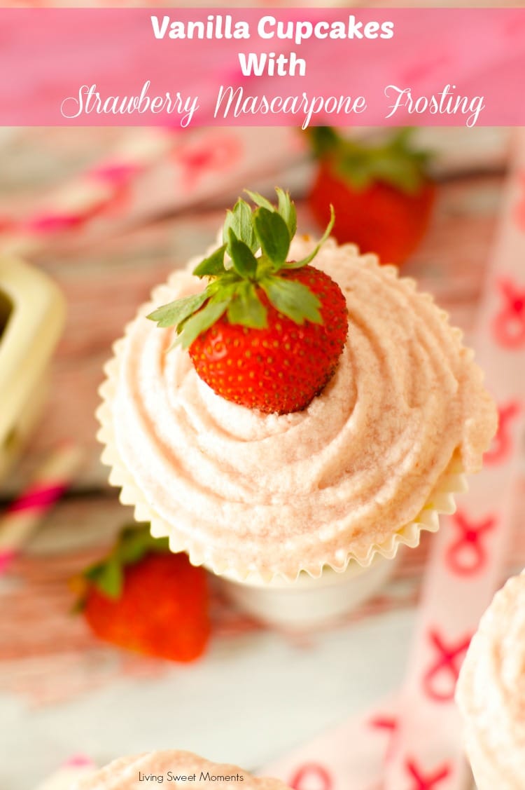 Vanilla Cupcakes with Strawberry Mascaporne Frosting - from scratch moist vanilla cupcakes served with a delicious strawberry mascarpone frosting. Love it!