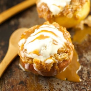 Roasted Crisp Caramel Apples - these roasted apples have a caramel filling and a buttery crumb topping. The perfect fall dessert that is ready is no time.
