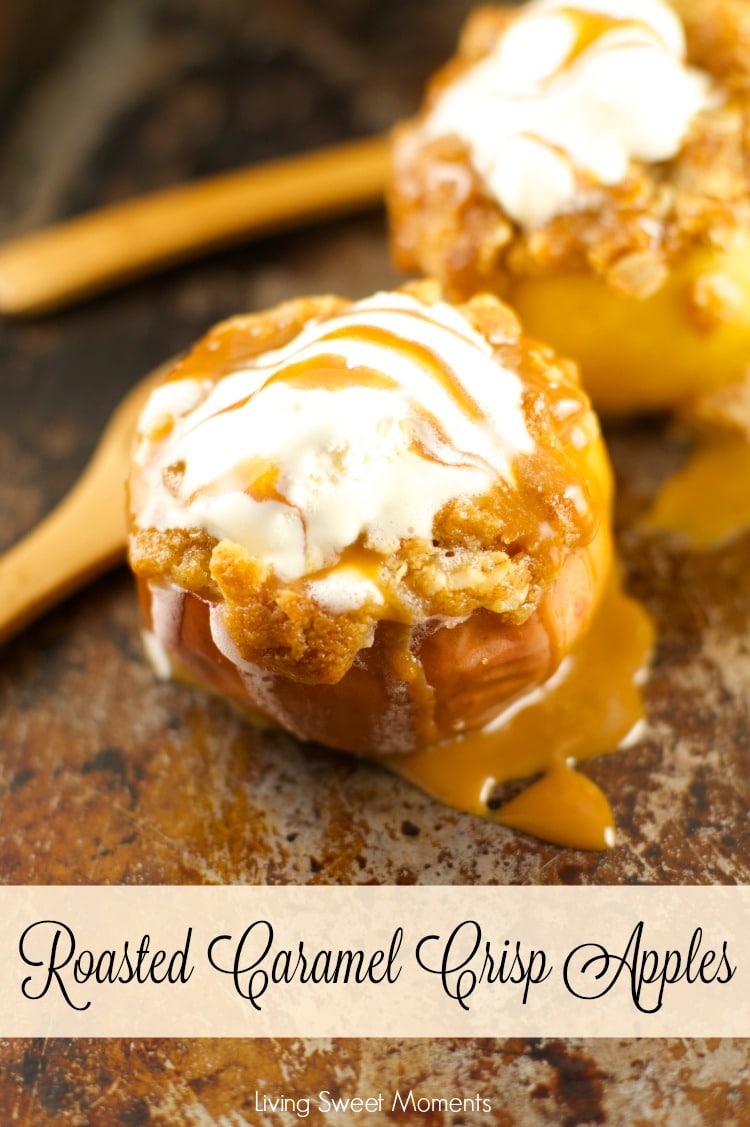 Roasted Caramel Apple Crisp  - these roasted apples have a caramel filling and a buttery crumb topping. The perfect fall dessert that is ready is no time