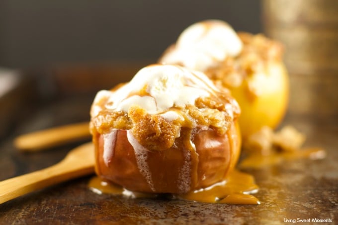Roasted Crisp Caramel Apples - these roasted apples have a caramel filling and a buttery crumb topping. The perfect fall dessert that is ready is no time.