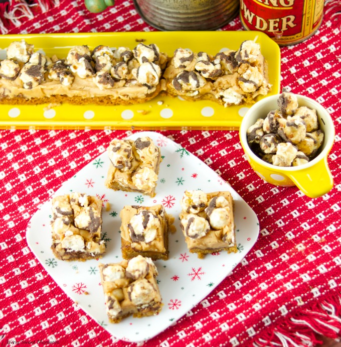 These delicious popcorn bars has a chewy peanut butter cookie crust and is topped with salted caramel fudge popcorn. The perfect dessert for kids & parties