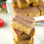 These chewy toffee bars have a buttery toffee crust, a soft caramel center and topped with chocolate. The perfect dessert for Holiday parties & celebrations