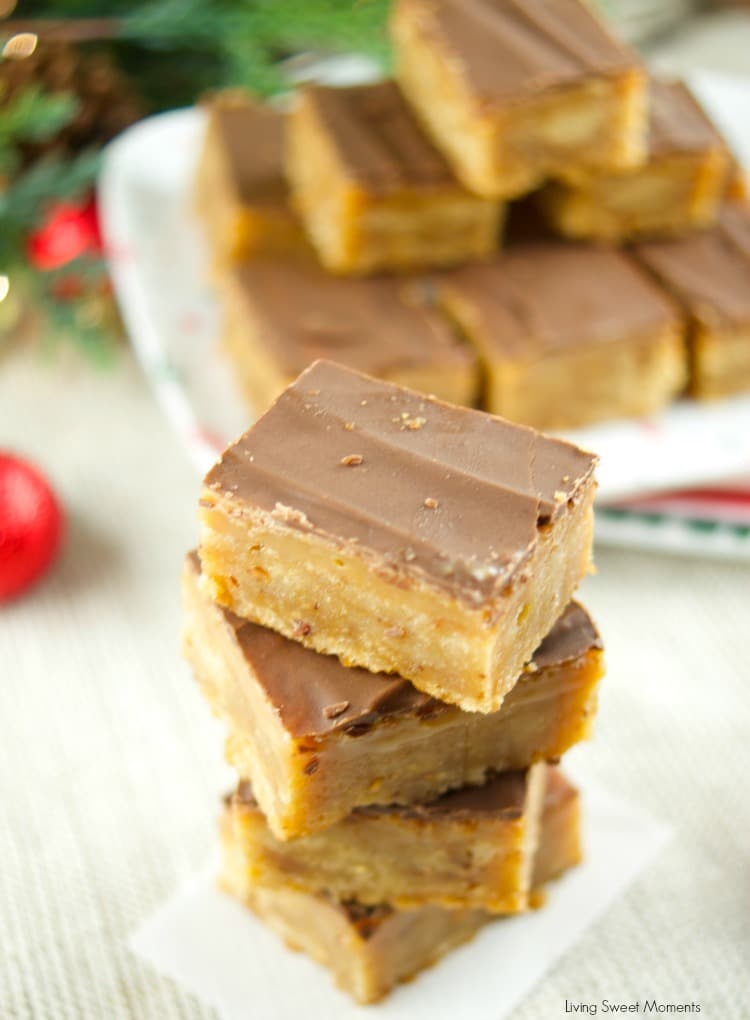 These chewy toffee bars have a buttery toffee crust, a soft caramel center and topped with chocolate. The perfect dessert for Holiday parties & celebrations