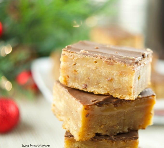 These chewy toffee bars have a buttery toffee crust, a soft caramel center and topped with chocolate. The perfect dessert for Holiday parties & celebrations