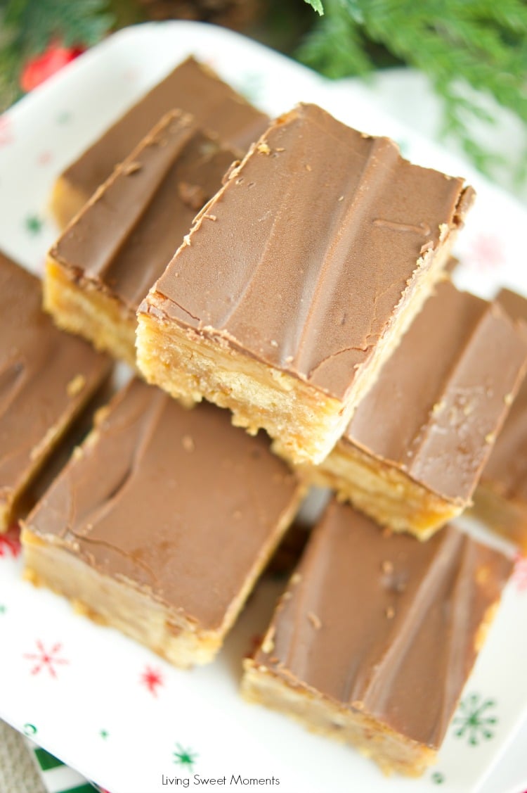 These chewy toffee bars have a buttery toffee crust, a soft caramel center and topped with chocolate. The perfect dessert for Holiday parties & celebrations