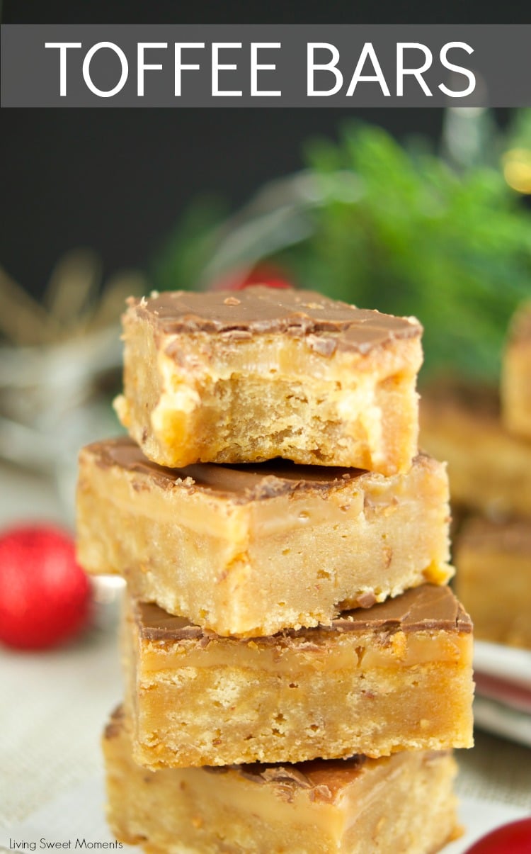 These chewy toffee bars have a buttery toffee crust, a soft caramel center and topped with chocolate. The perfect dessert for Holiday parties & celebrations