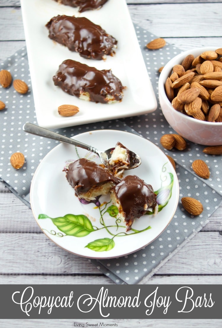 These 5 ingredient Copycat Almond Joy Bars are easy to make and delicious! Enjoy a sweet treat full of coconut, almonds and shiny ganache. Perfect dessert! 