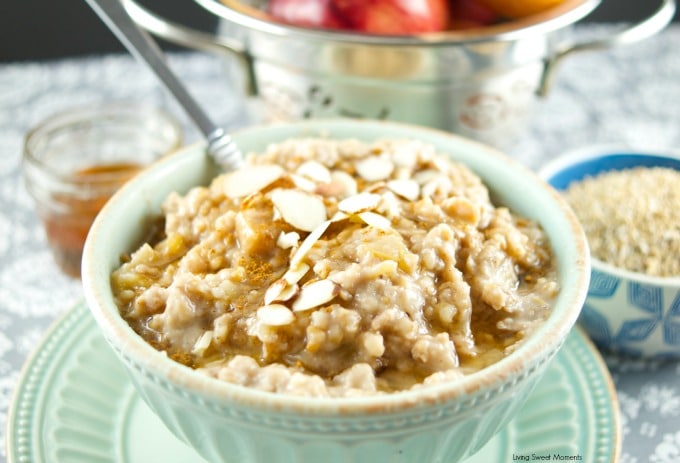 This delicious Slow Cooker Apple Oatmeal cooks overnight. It's vegan, healthy and full of flavor. Wake up to a hot bowl of apple pie oatmeal full of spice.