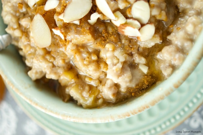 This delicious Slow Cooker Apple Oatmeal cooks overnight. It's vegan, healthy and full of flavor. Wake up to a hot bowl of apple pie oatmeal full of spice.