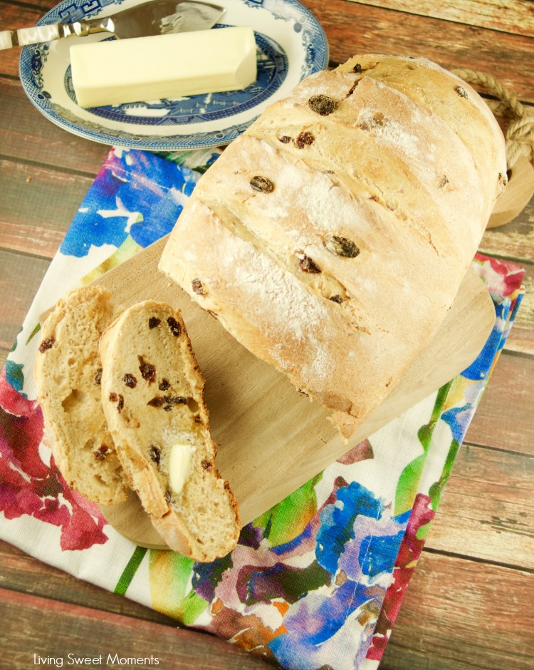 This sweet crispy Cinnamon Raisin Artisan Bread is easy to make and delicious! Enjoy a toasted slice with butter and jam for breakfast. My fave bread recipe