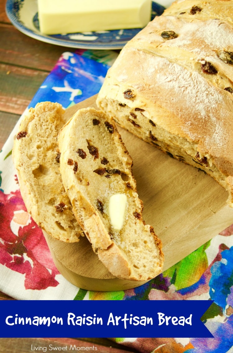 This sweet crispy Cinnamon Raisin Artisan Bread is easy to make and delicious! Enjoy a toasted slice with butter and jam for breakfast. My fave bread recipe