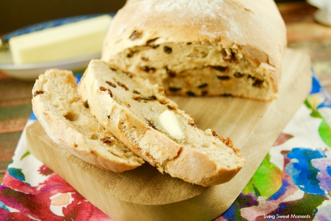 This sweet crispy Cinnamon Raisin Artisan Bread is easy to make and delicious! Enjoy a toasted slice with butter and jam for breakfast. My fave bread recipe