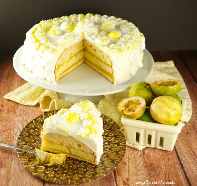 Delicious passion fruit cake filled with tangy passion fruit curd and covered with sweet Chantilly cream. The perfect exotic dessert for parties.