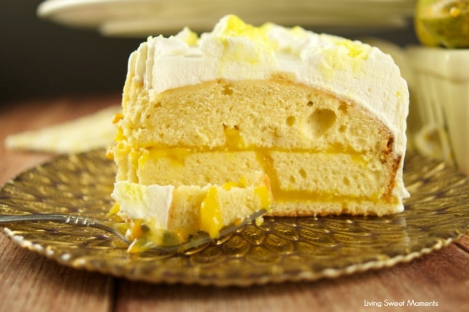 Delicious passion fruit cake filled with tangy passion fruit curd and covered with sweet Chantilly cream. The perfect exotic dessert for parties.