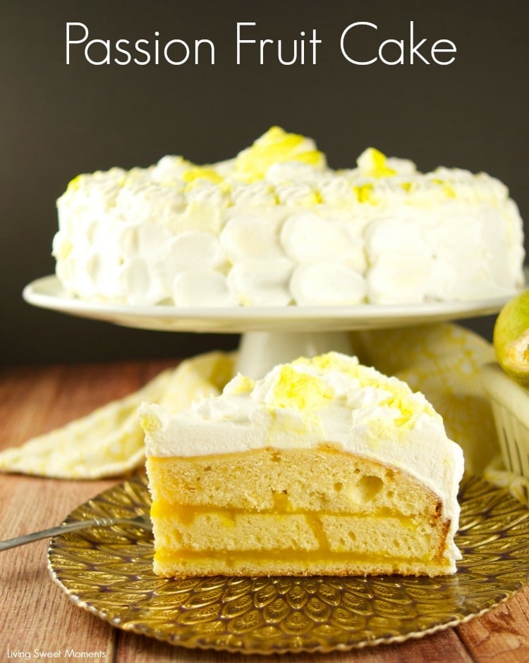 Delicious passion fruit cake filled with tangy passion fruit curd and covered with sweet Chantilly cream. The perfect exotic dessert for parties. 