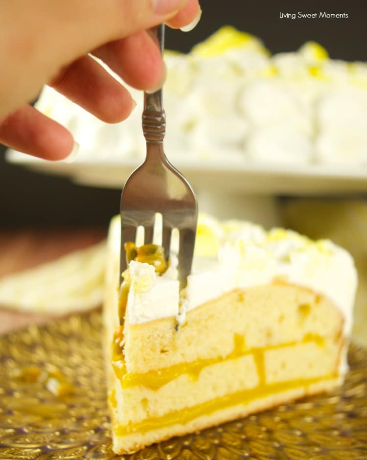 Delicious passion fruit cake filled with tangy passion fruit curd and covered with sweet Chantilly cream. The perfect exotic dessert for parties.