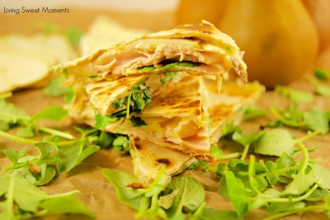These delicious Turkey Brie Quesadillas have a touch of pear and are perfect for a quick weeknight dinner idea under 10 minutes or as a party appetizer. Yummy!!