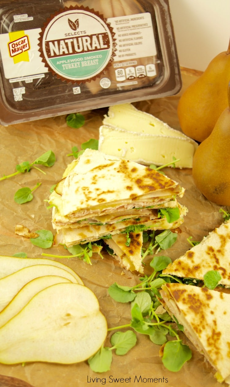 These delicious Turkey Brie Quesadillas have a touch of pear and are perfect for a quick weeknight dinner idea under 10 minutes or as a party appetizer. Yummy!!