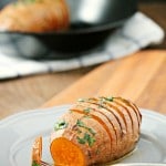 These delicious and crispy Hasselback Sweet Potatoes are the perfect easy side dish to any dinner. Just 3 ingredients needed. Vegetarian too. Yummy