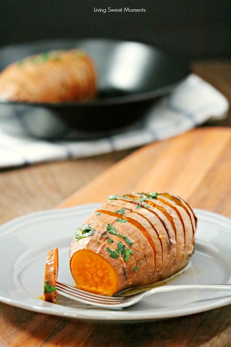 These delicious and crispy Hasselback Sweet Potatoes are the perfect easy side dish to any dinner. Just 3 ingredients needed. Vegetarian too. Yummy