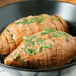 These delicious and crispy Hasselback Sweet Potatoes are the perfect easy side dish to any dinner. Just 3 ingredients needed. Vegetarian too. Yummy