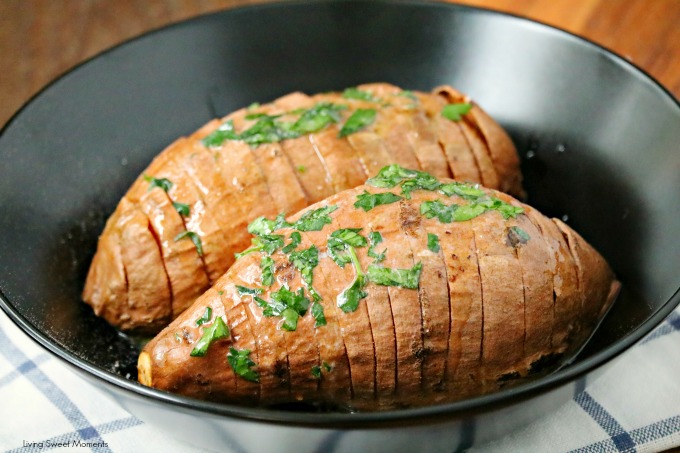These delicious and crispy Hasselback Sweet Potatoes are the perfect easy side dish to any dinner. Just 3 ingredients needed. Vegetarian too. Yummy