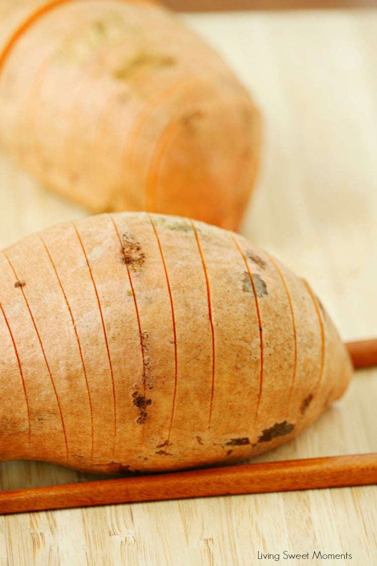 These delicious and crispy Hasselback Sweet Potatoes are the perfect easy side dish to any dinner. Just 3 ingredients needed. Vegetarian too. Yummy