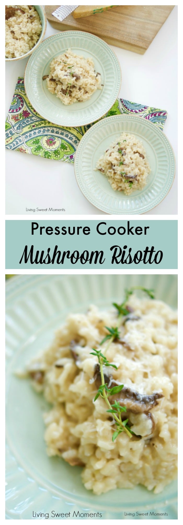 This Easy Mushroom Risotto is made in the pressure cooker so it's ready in no time! Only requires a few ingredients to make this creamy and tasty vegetarian dish