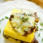 Delicious cheesy mushroom ragu served over polenta squares. A quick and easy vegetarian entree or appetizer idea. Sophisticated taste without the fuss!