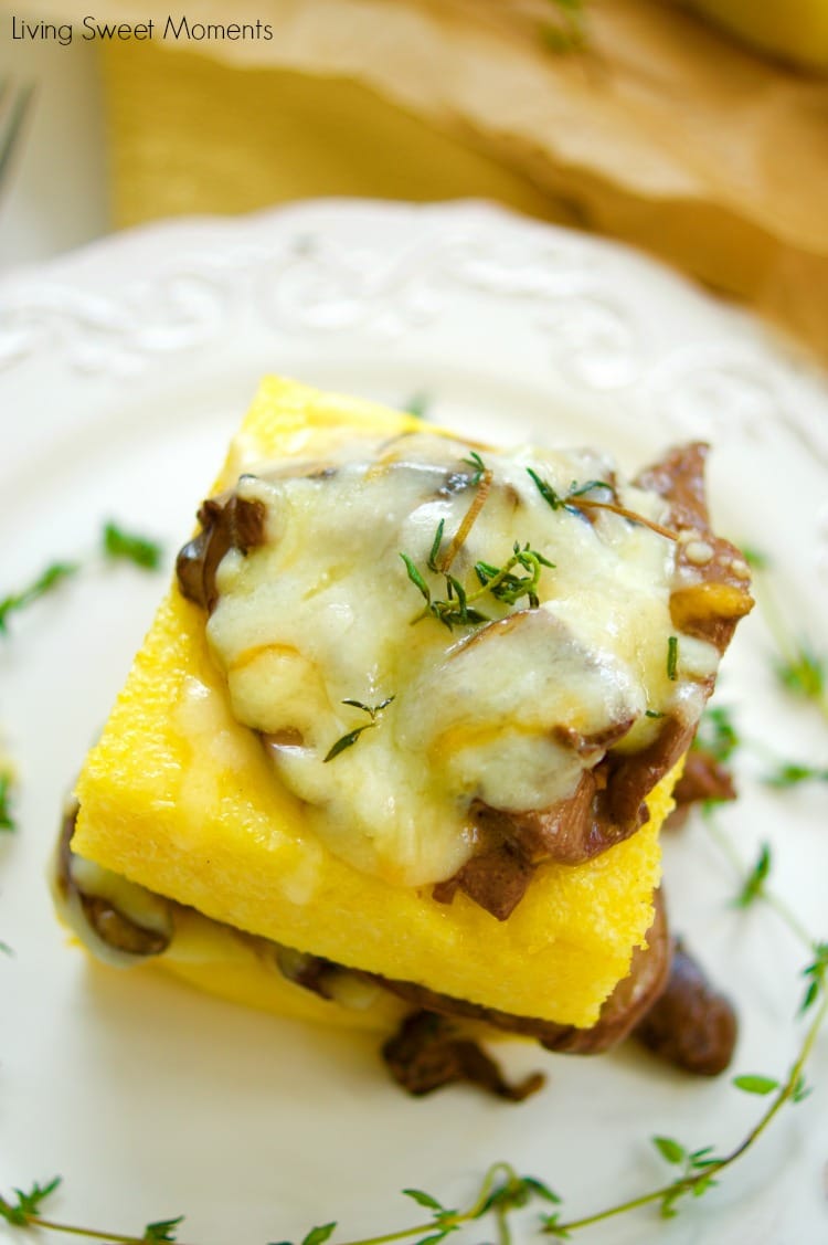 Delicious cheesy mushroom ragu served over polenta squares. A quick and easy vegetarian entree or appetizer idea. Sophisticated taste without the fuss!