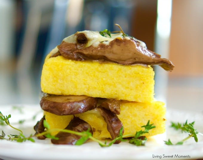 Delicious cheesy mushroom ragu served over polenta squares. A quick and easy vegetarian entree or appetizer idea. Sophisticated taste without the fuss!