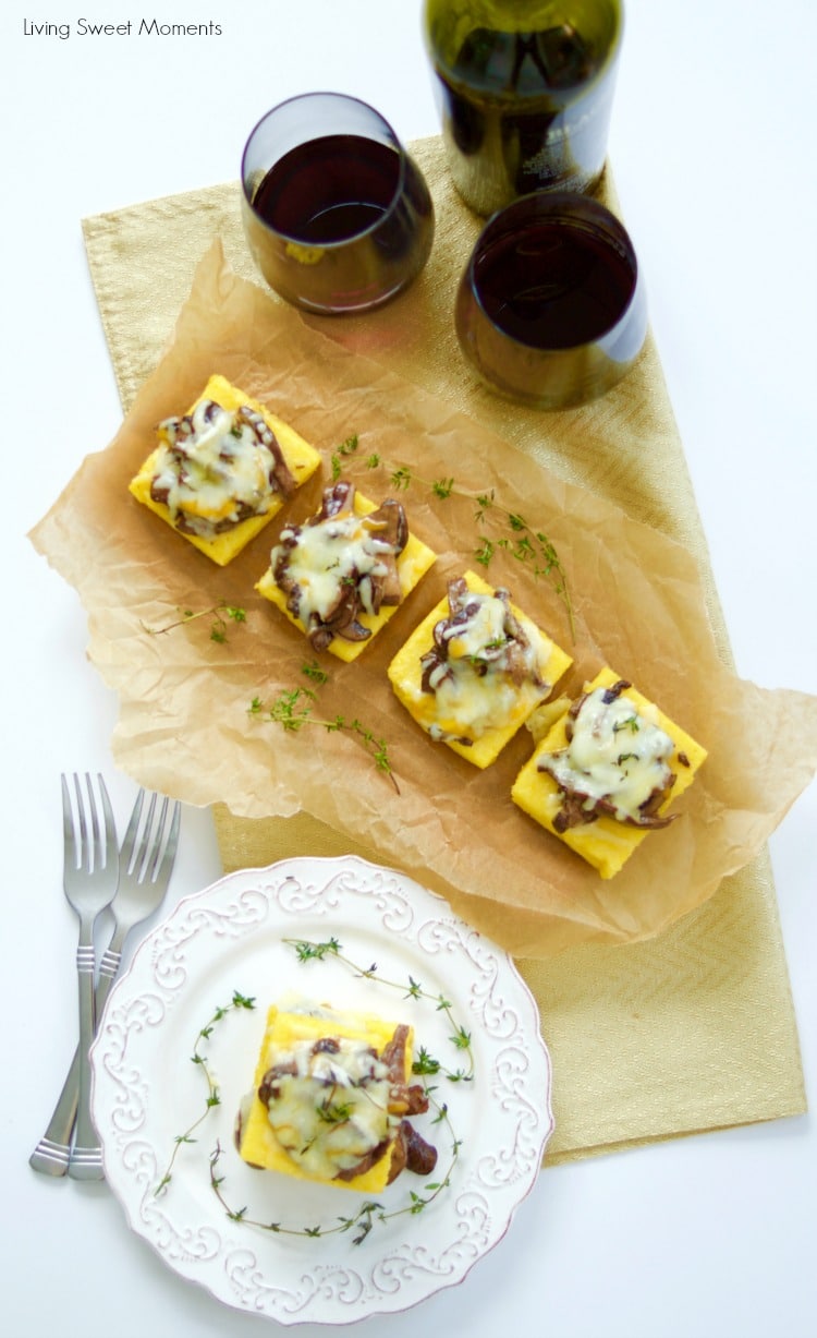 Delicious cheesy mushroom ragu served over polenta squares. A quick and easy vegetarian entree or appetizer idea. Sophisticated taste without the fuss!