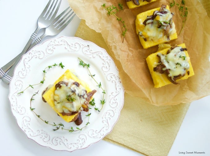 Delicious cheesy mushroom ragu served over polenta squares. A quick and easy vegetarian entree or appetizer idea. Sophisticated taste without the fuss!