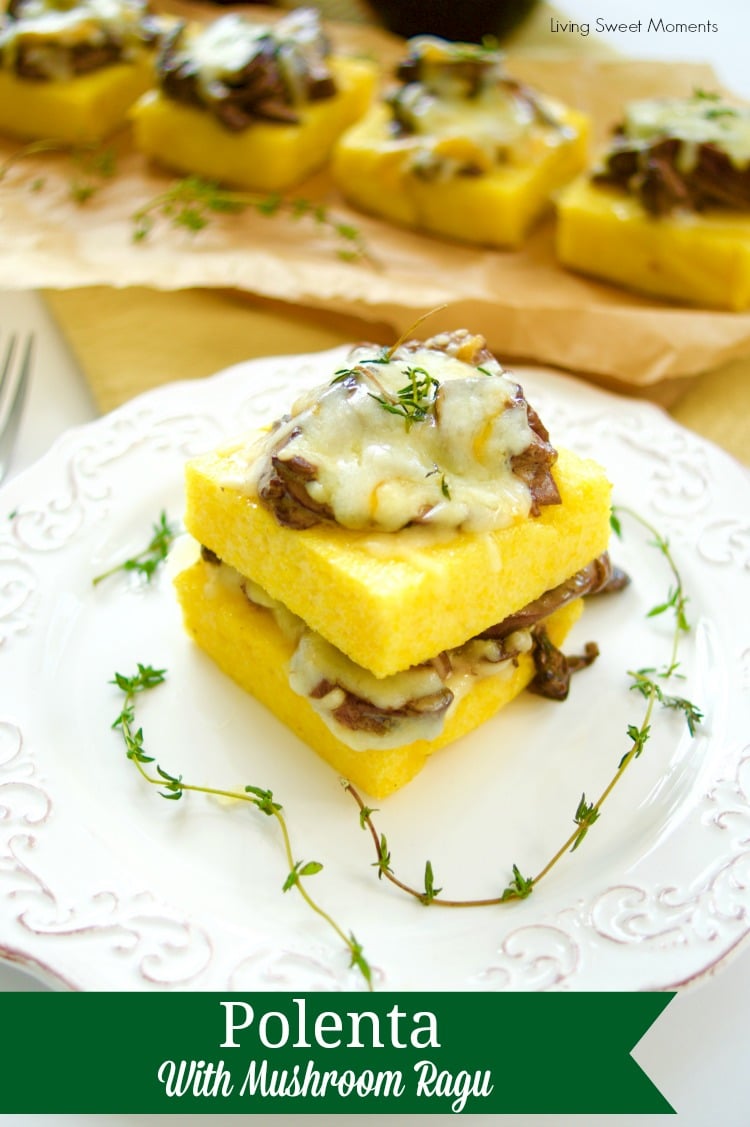 Delicious cheesy mushroom ragu served over polenta squares. A quick and easy vegetarian entree or appetizer idea. Sophisticated taste without the fuss!