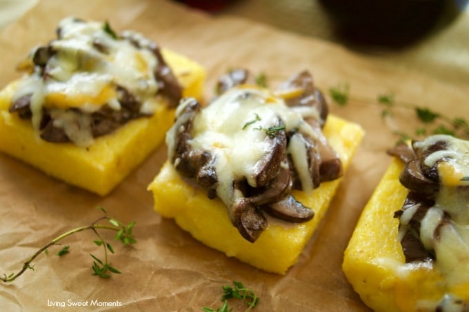 Delicious cheesy mushroom ragu served over polenta squares. A quick and easy vegetarian entree or appetizer idea. Sophisticated taste without the fuss!