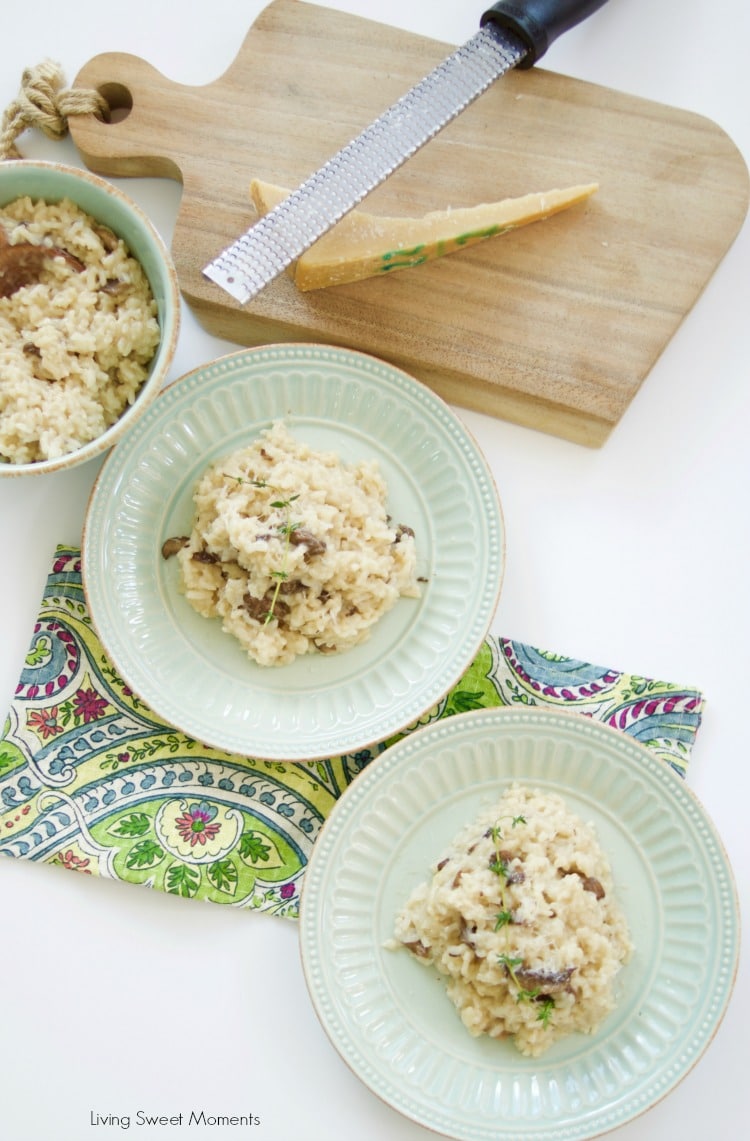 This Easy Mushroom Risotto is made in the pressure cooker so it's ready in no time! Only requires a few ingredients to make this creamy and tasty vegetarian dish