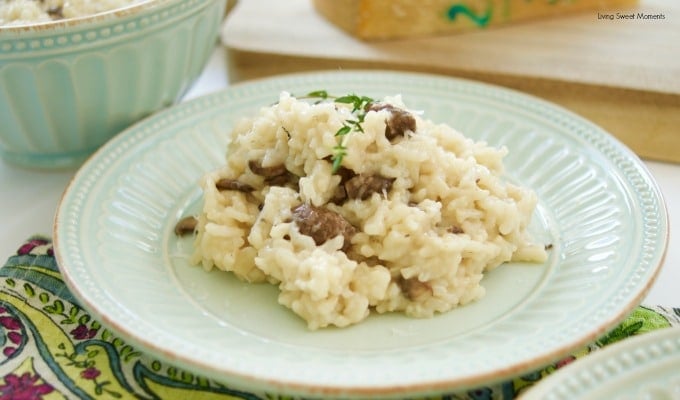 This Easy Mushroom Risotto is made in the pressure cooker so it's ready in no time! Only requires a few ingredients to make this creamy and tasty vegetarian dish