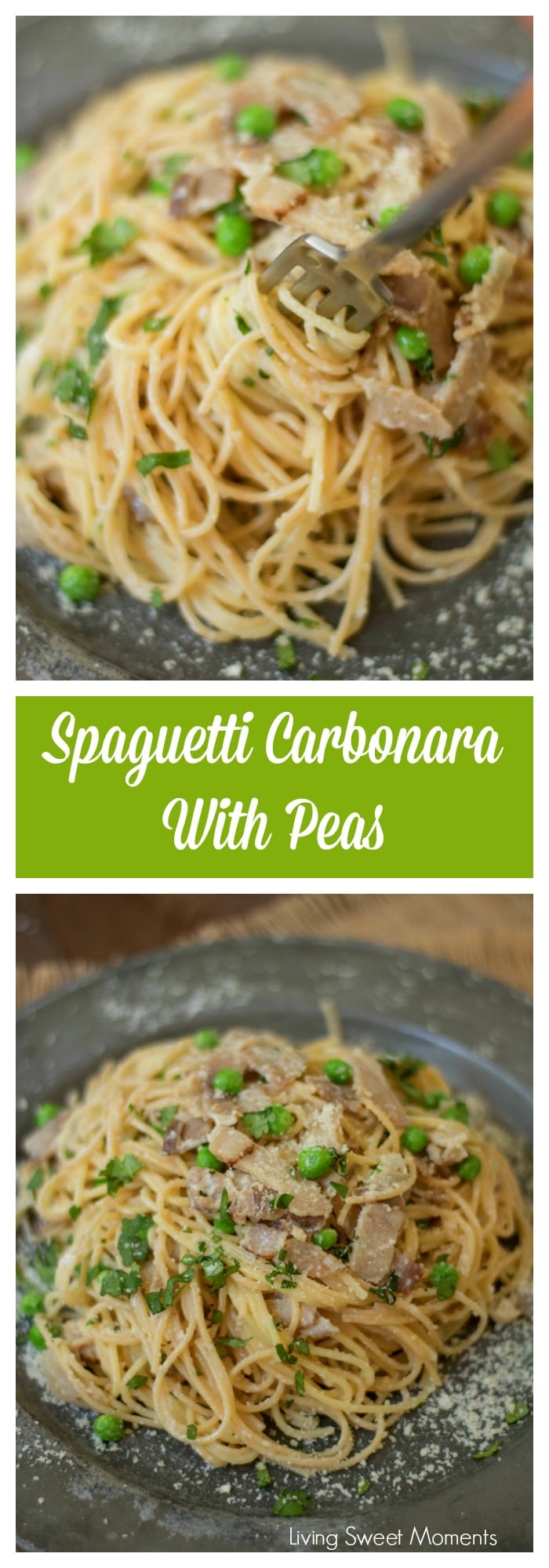 This delicious Spaghetti Carbonara Recipe made with peas, is easy to make and is ready in 20 minutes or less. The perfect quick weeknight dinner idea. 