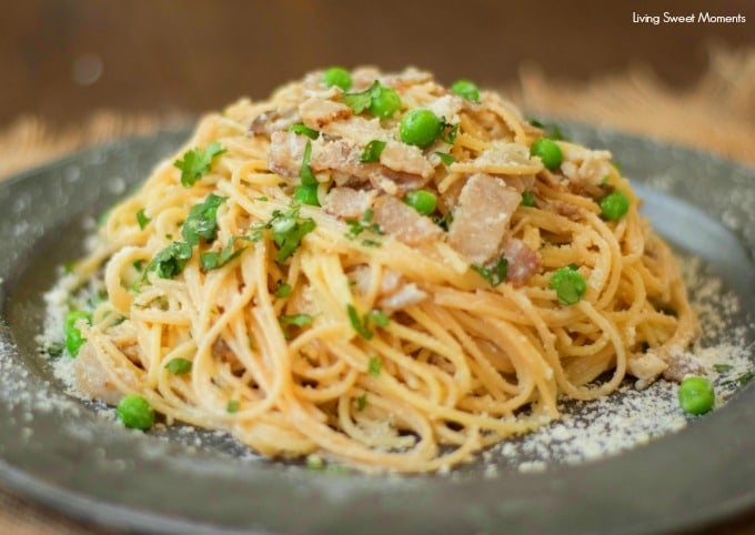 This delicious Spaghetti Carbonara Recipe made with peas, is easy to make and is ready in 20 minutes or less. The perfect quick weeknight dinner idea. 