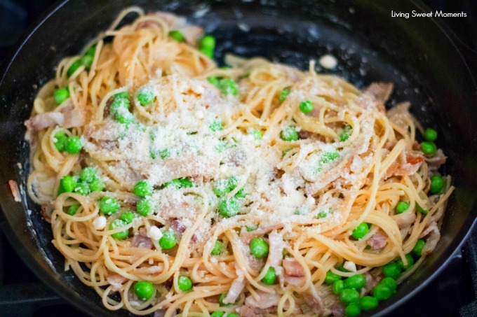 This delicious Spaghetti Carbonara Recipe made with peas, is easy to make and is ready in 20 minutes or less. The perfect quick weeknight dinner idea. 