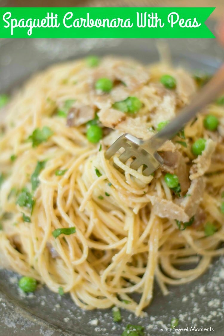 This delicious Spaghetti Carbonara Recipe made with peas, is easy to make and is ready in 20 minutes or less. The perfect quick weeknight dinner idea. 